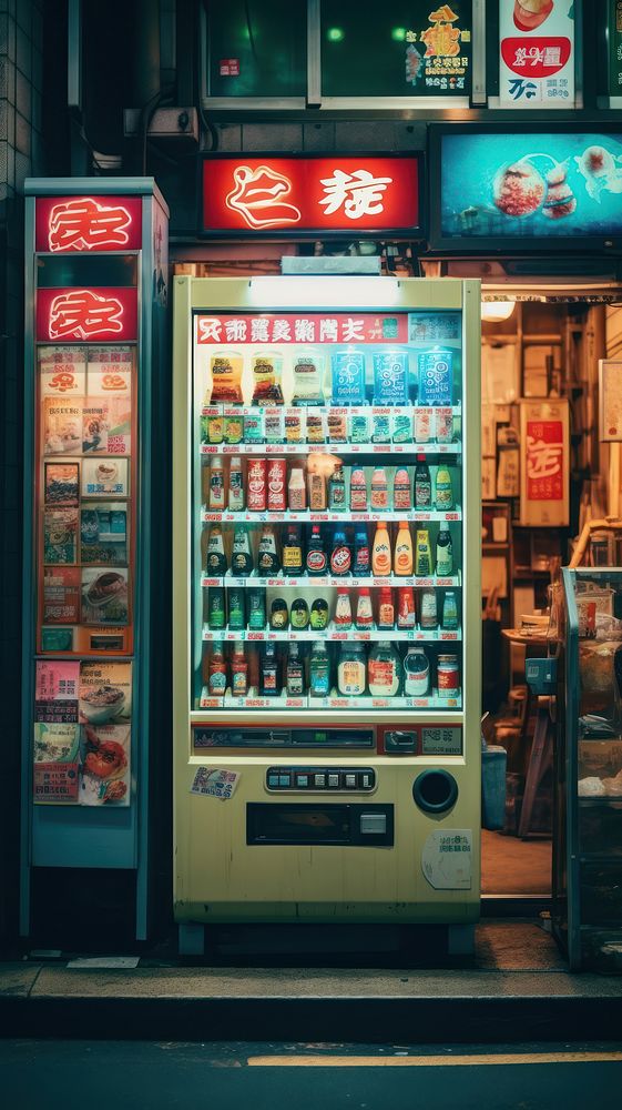  Supermarket street scene machine refrigerator vending machine. AI generated Image by rawpixel.