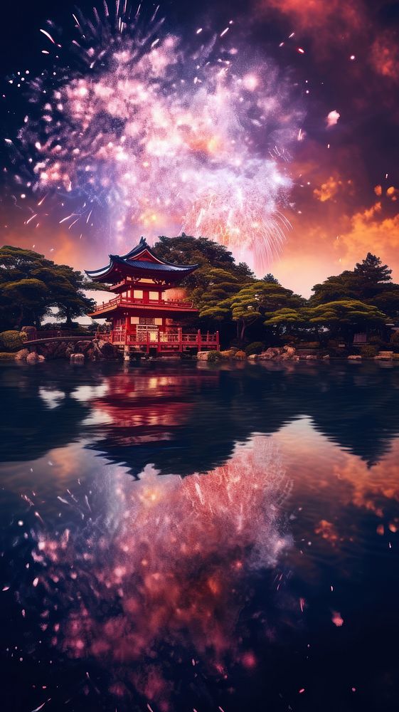  Japanese festival architecture fireworks building. AI generated Image by rawpixel.