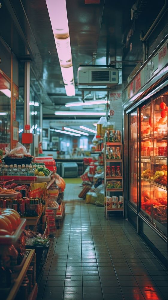  Japanese supermarket architecture refrigerator illuminated. AI generated Image by rawpixel.