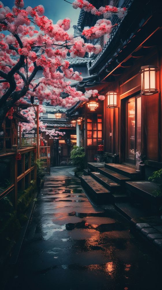  Japanese scenery architecture building blossom. AI generated Image by rawpixel.