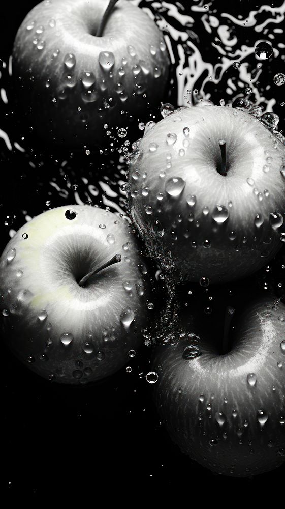 Photography of apples with splash water monochrome fruit black.