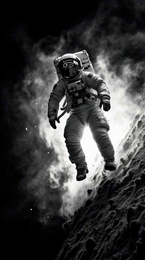 Photography of astronaut on the moon space monochrome motion.
