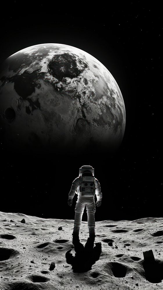 Photography of big moon and astronaut on the moon photography monochrome astronomy.