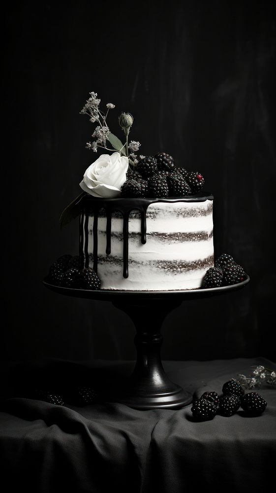 Photography of birthday cake blackberry monochrome dessert.
