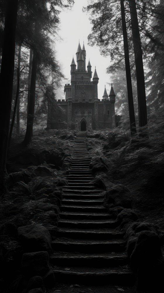 Photography of castle in the forest architecture monochrome building.