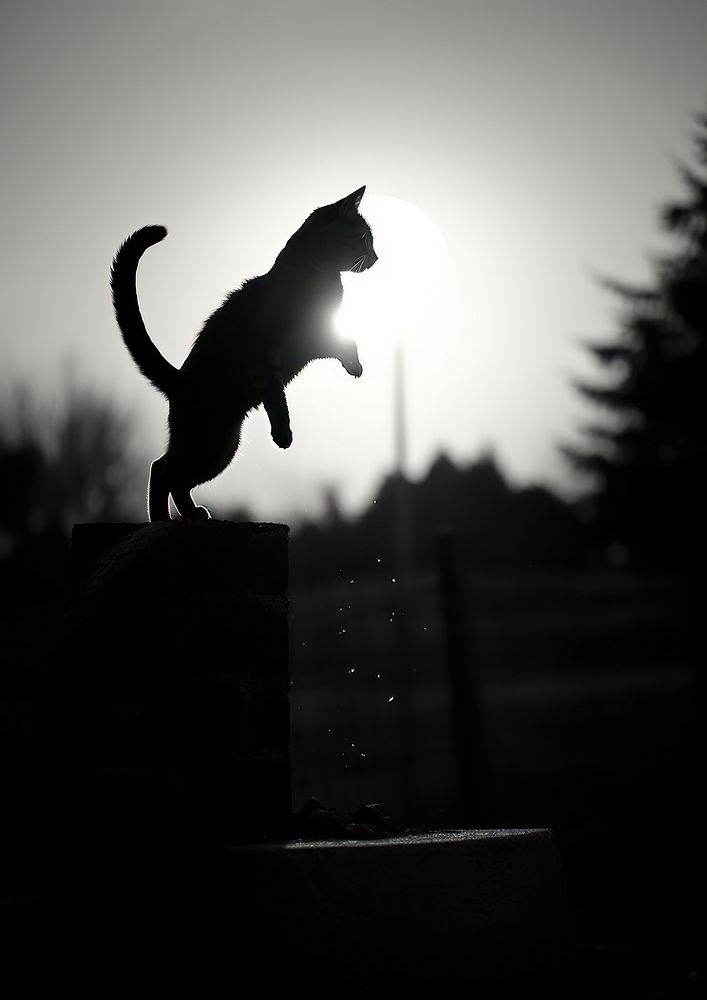 Photography of cat jumping silhouette outdoors animal.