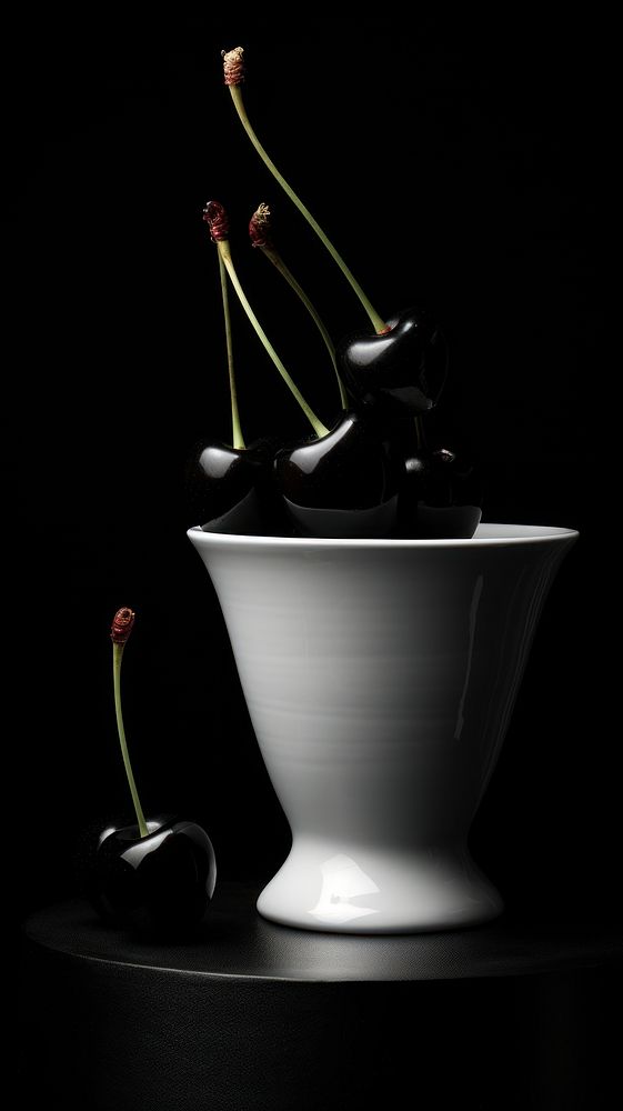 Photography of cherries in the white cup monochrome black plant.