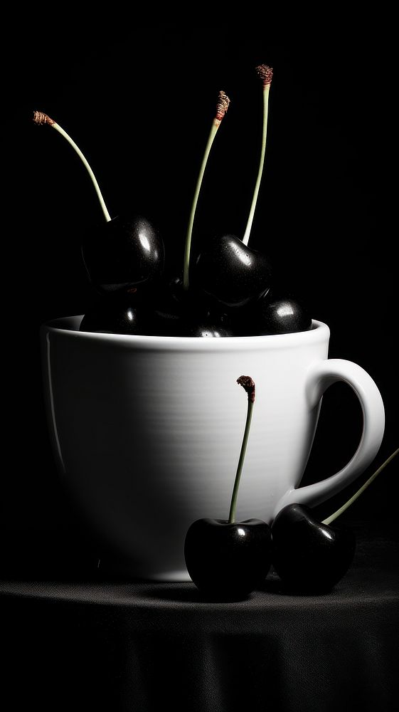 Photography of cherries in the white cup monochrome cherry black.