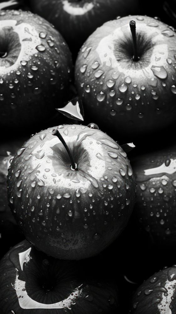 Photography of fresh apples with water monochrome fruit black.