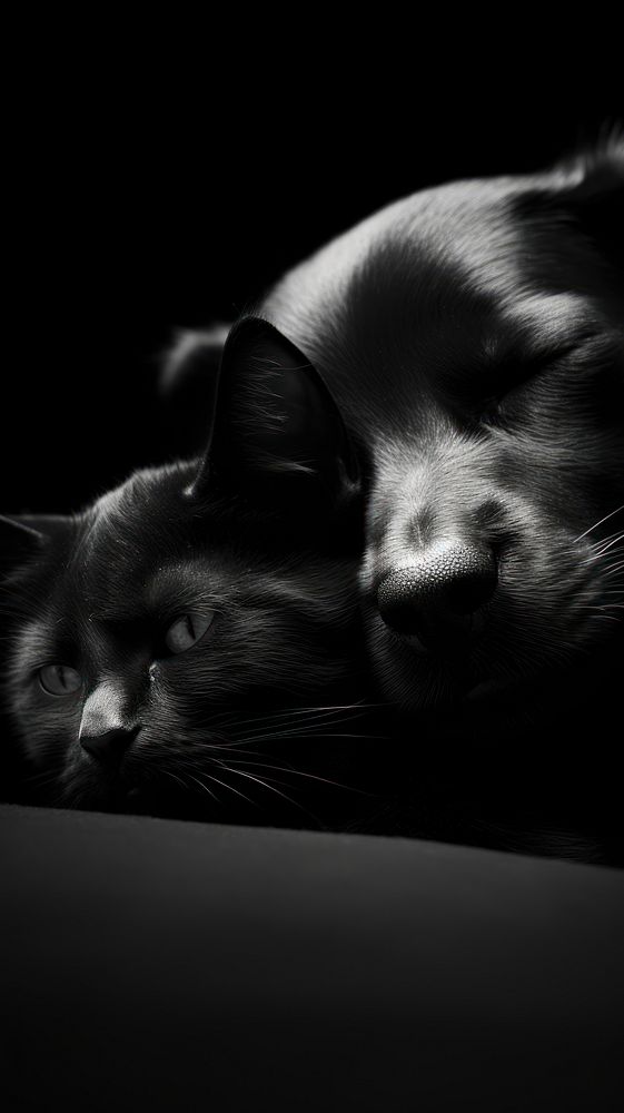 Photography of kitty and puppy photography monochrome sleeping.