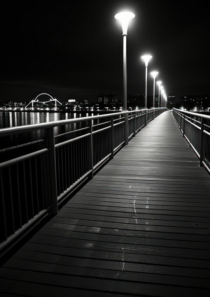 Photography of riverside boardwalk lighting railing.