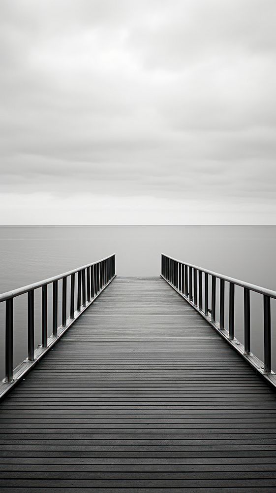 Photography of silence ocean monochrome boardwalk railing.