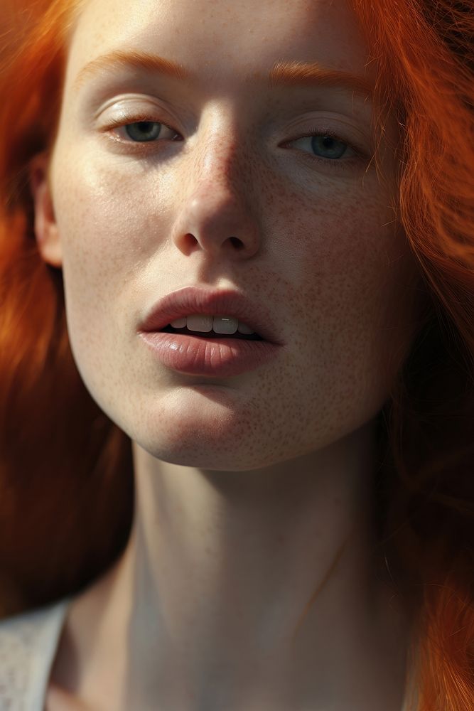 Western woman opened her mouth wide freckle skin portrait.