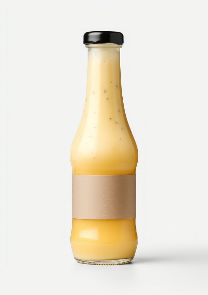 Cheese sauce bottle with label  drink juice food.