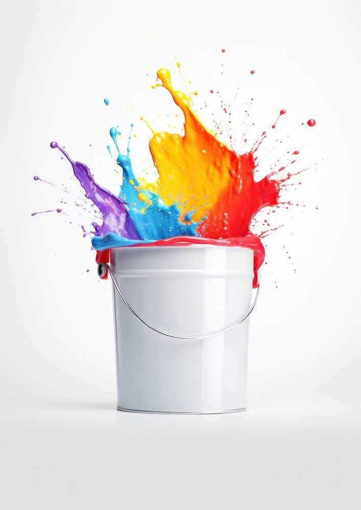 Paint bucket  white background splattered creativity.