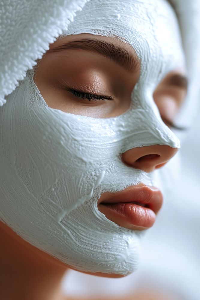 Women white facial mask skin studio shot headgear.