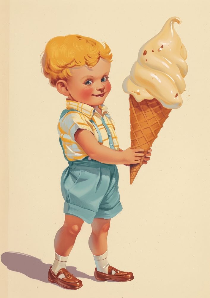 Vintage illustration of little boy dessert cream food.