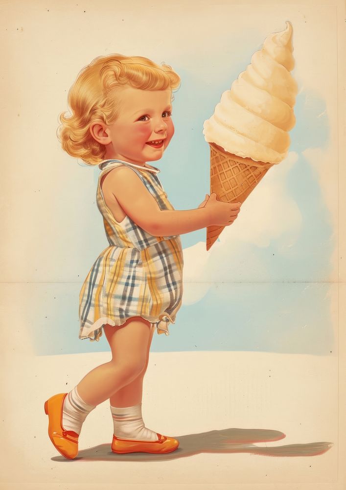 Vintage illustration of little girl footwear dessert cream.