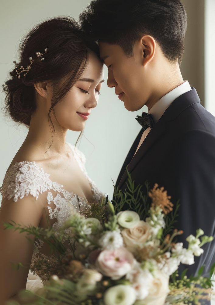 Wedding of a young East Asian couple fashion flower dress.