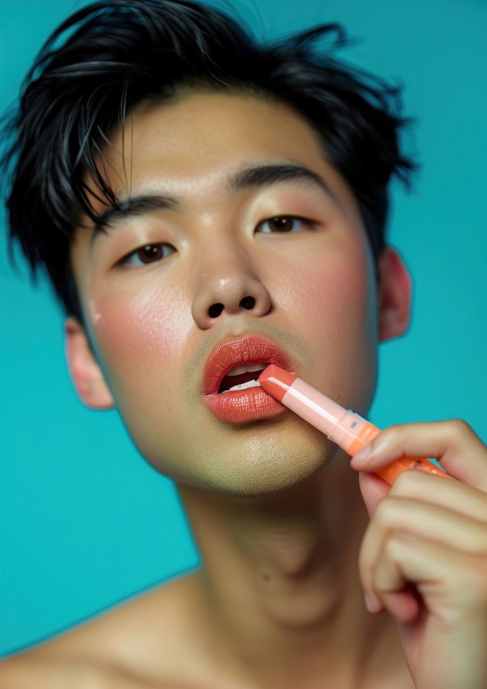 South east asian man cosmetics lipstick portrait.
