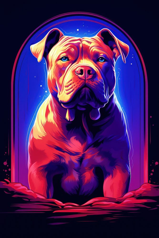 Illustration American Bully neon rim light portrait bulldog pitbull.