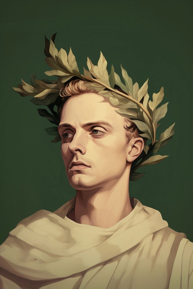 Man wears olive leaves as a crown art portrait painting.
