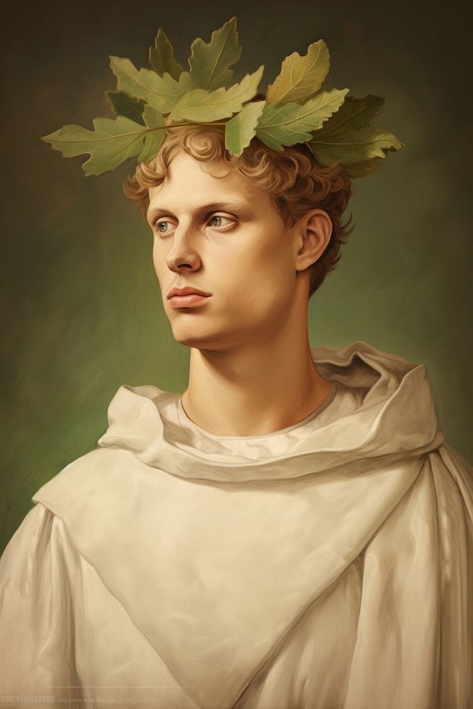 Man wears laurel leaves as a crown painting art portrait.