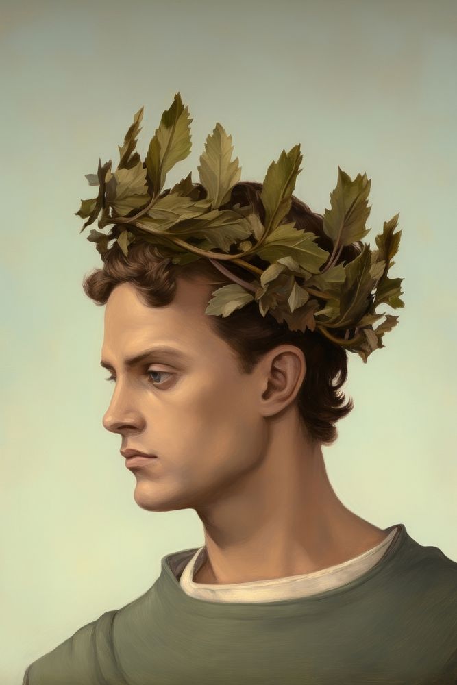 Man wears laurel leaves as a crown art portrait plant.