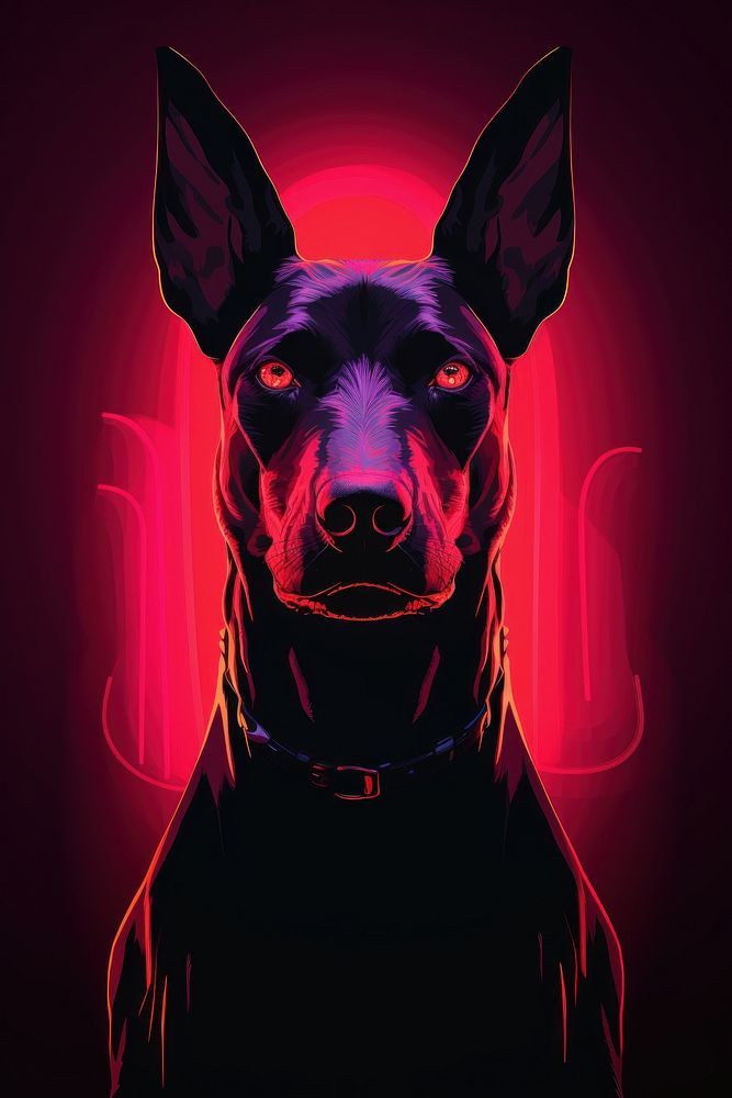 Illustration savage Dobermann neon rim light purple portrait animal.