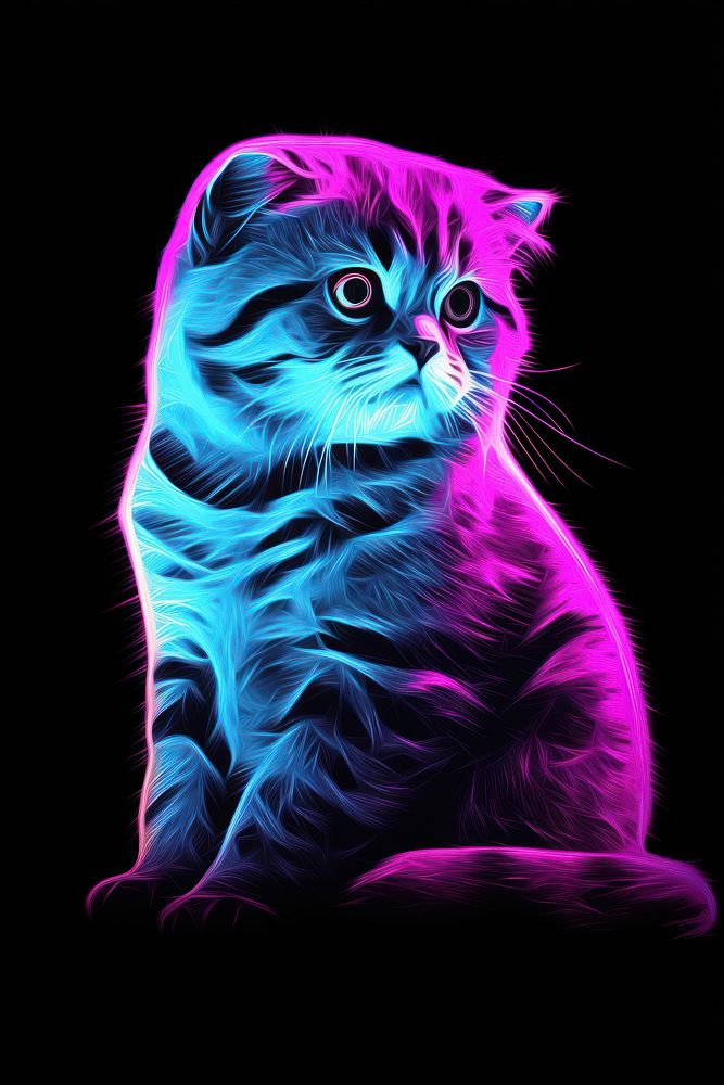 Illustration Scottish Fold neon rim light purple portrait animal.
