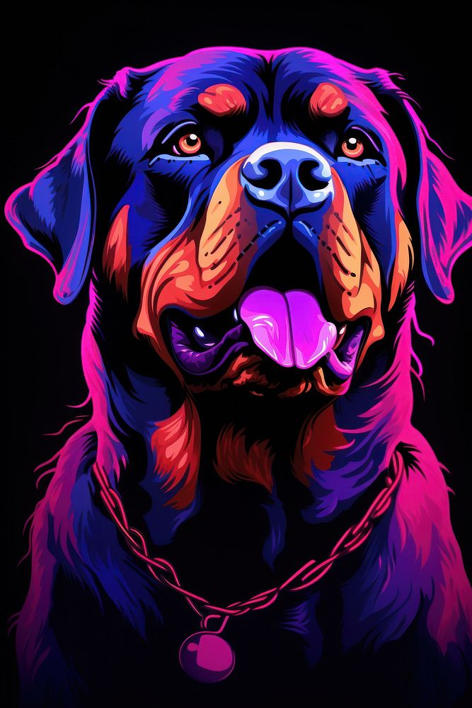 Illustration Rottweiler neon rim light purple rottweiler portrait.