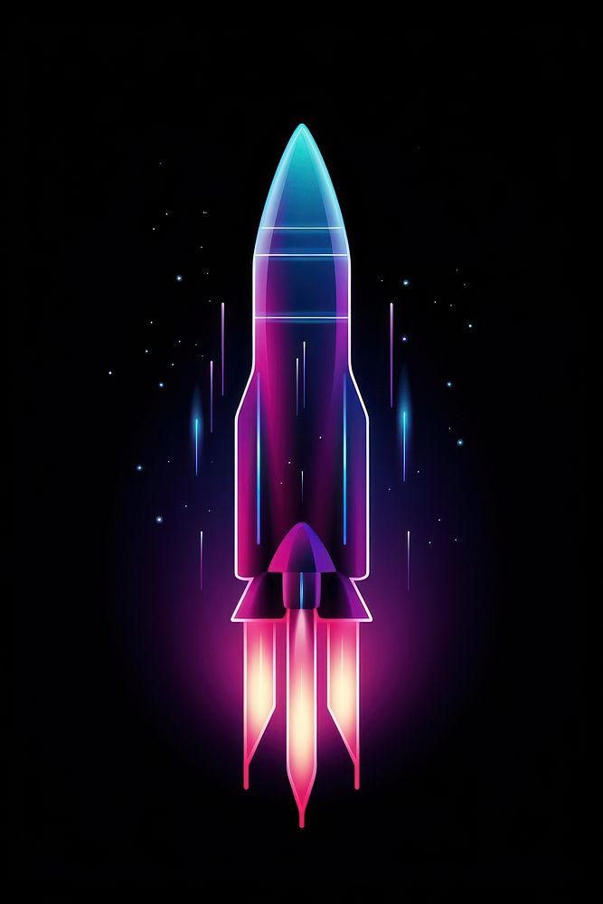 Illustration rocket neon rim light purple night blue.