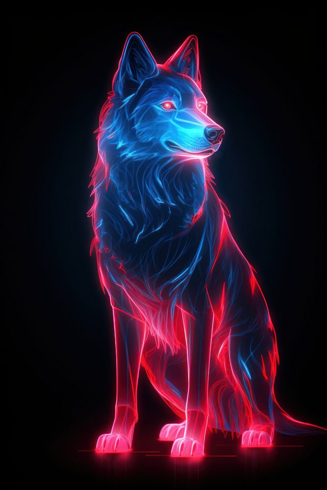 Illustration wolf neon rim light animal mammal blue.