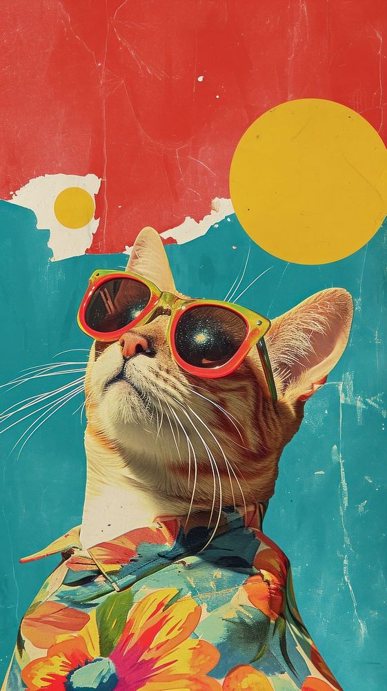 Dreamy Retro Collages whit a happy cat art sunglasses painting.