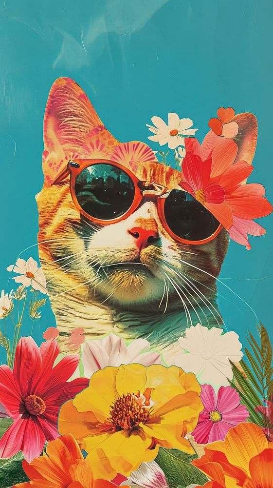 Dreamy Retro Collages whit a happy cat art sunglasses portrait.