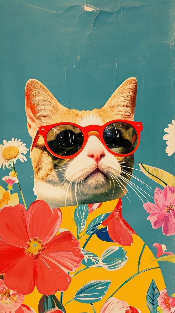 Dreamy Retro Collages whit a happy cat art sunglasses portrait.
