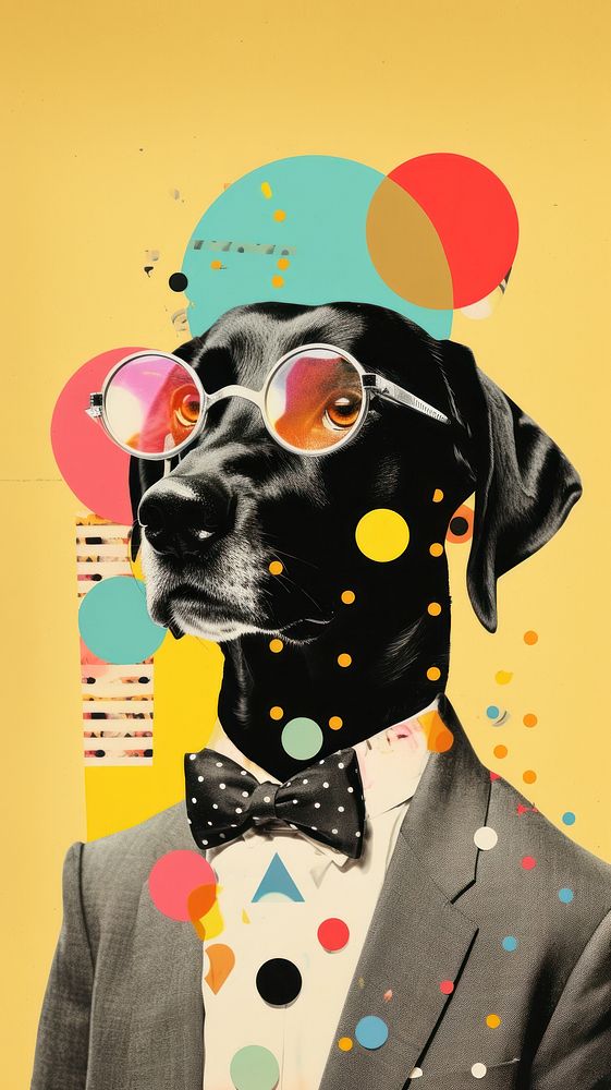 Dreamy Retro Collages whit a happy dog art portrait glasses.