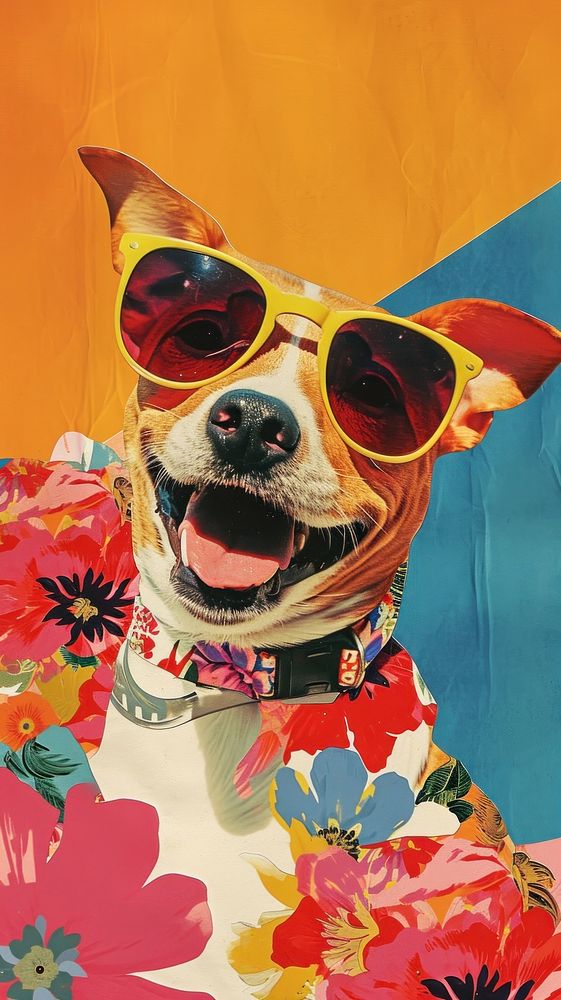 Dreamy Retro Collages whit a happy dog sunglasses portrait mammal.