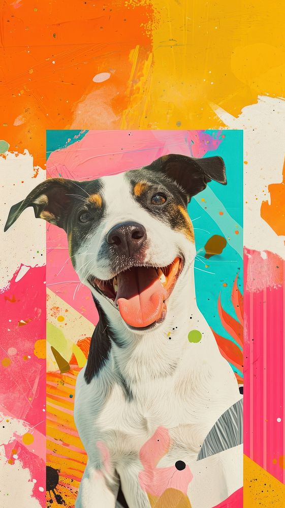 Dreamy Retro Collages whit a happy dog art portrait painting.