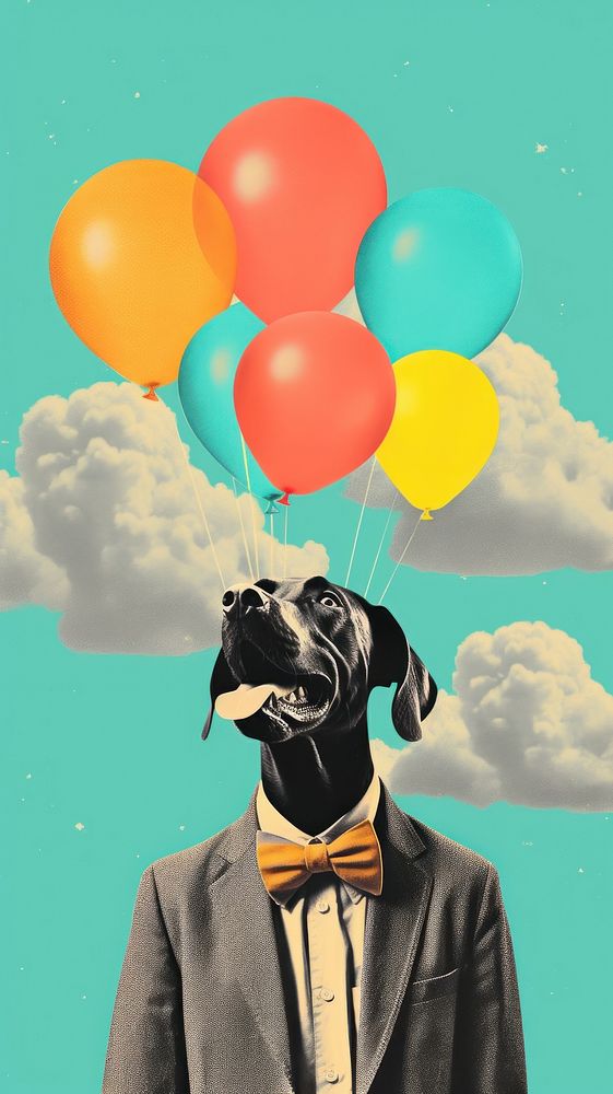 Dreamy Retro Collages whit a happy dog portrait balloon animal.