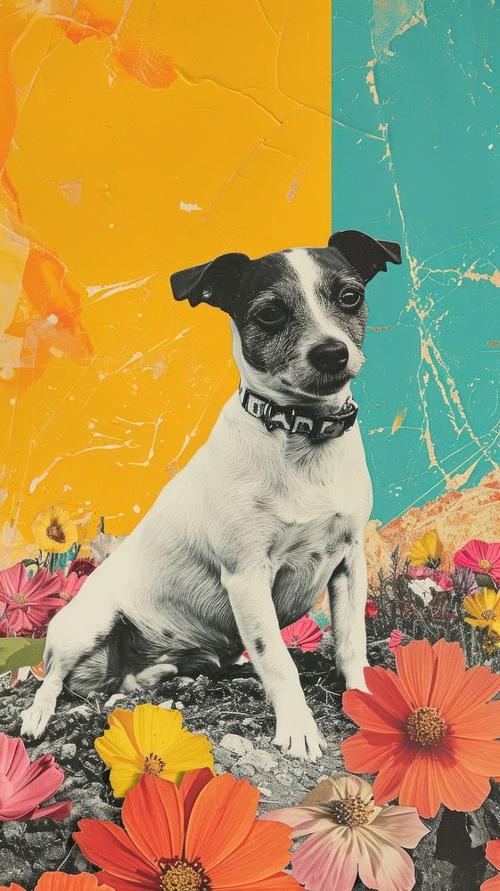 Dreamy Retro Collages whit a happy dog art portrait collage.