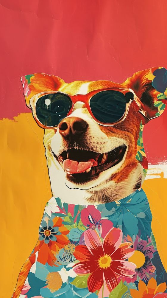 Dreamy Retro Collages whit a happy dog art sunglasses painting.