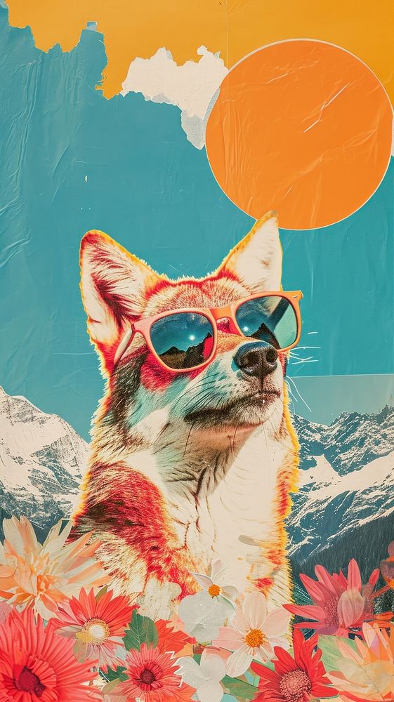 Dreamy Retro Collages whit a happy wolf art sunglasses painting.