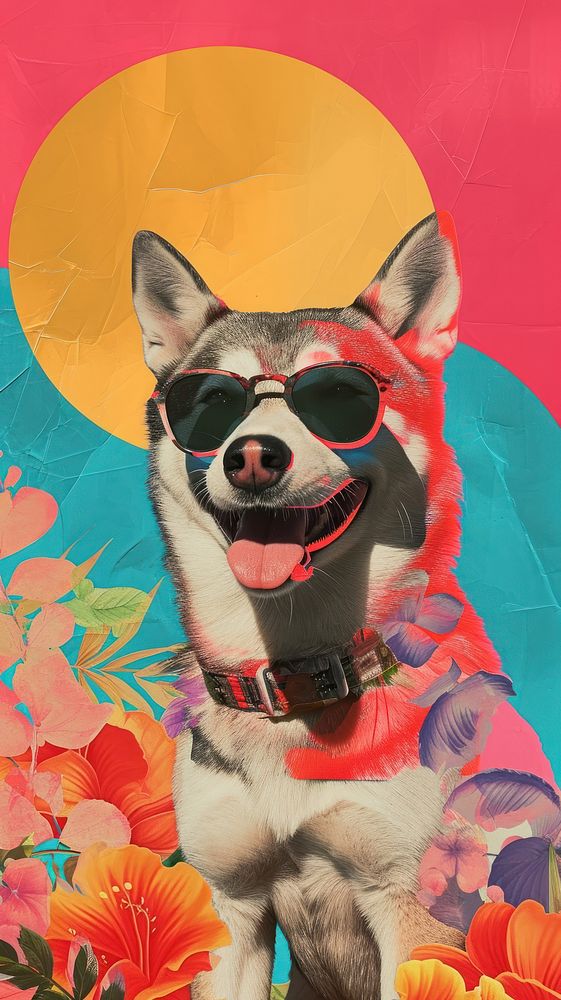 Dreamy Retro Collages whit a happy wolf art sunglasses portrait.