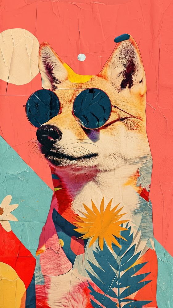 Dreamy Retro Collages whit a happy wolf art painting mammal.