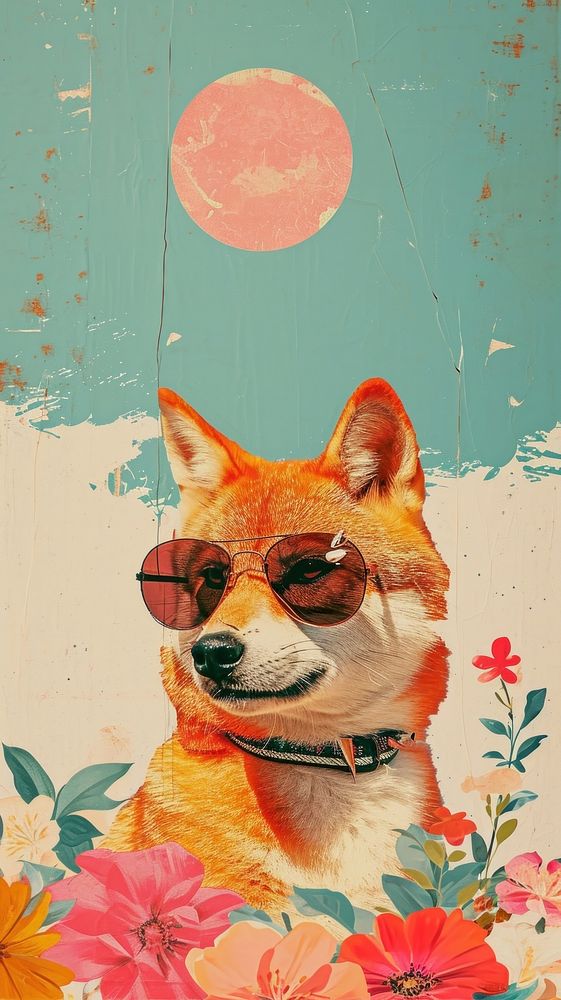 Dreamy Retro Collages whit a happy wolf art painting glasses.