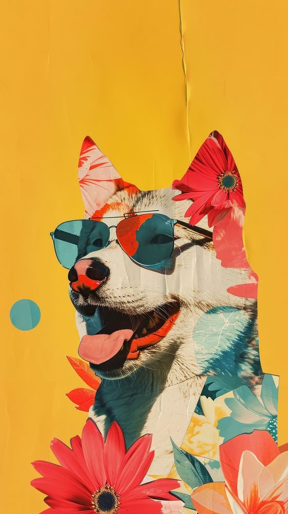 Dreamy Retro Collages whit a happy wolf art painting representation.