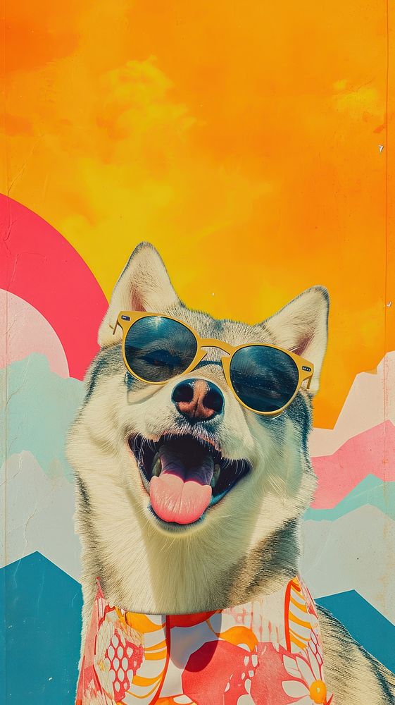 Dreamy Retro Collages whit a happy wolf sunglasses portrait mammal.