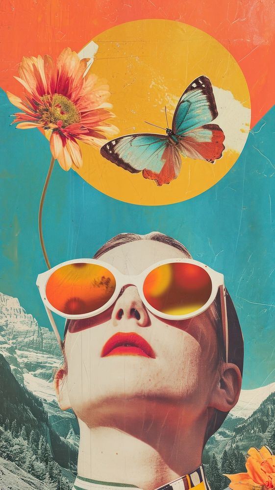 Dreamy Retro Collages whit butterfly art sunglasses portrait.
