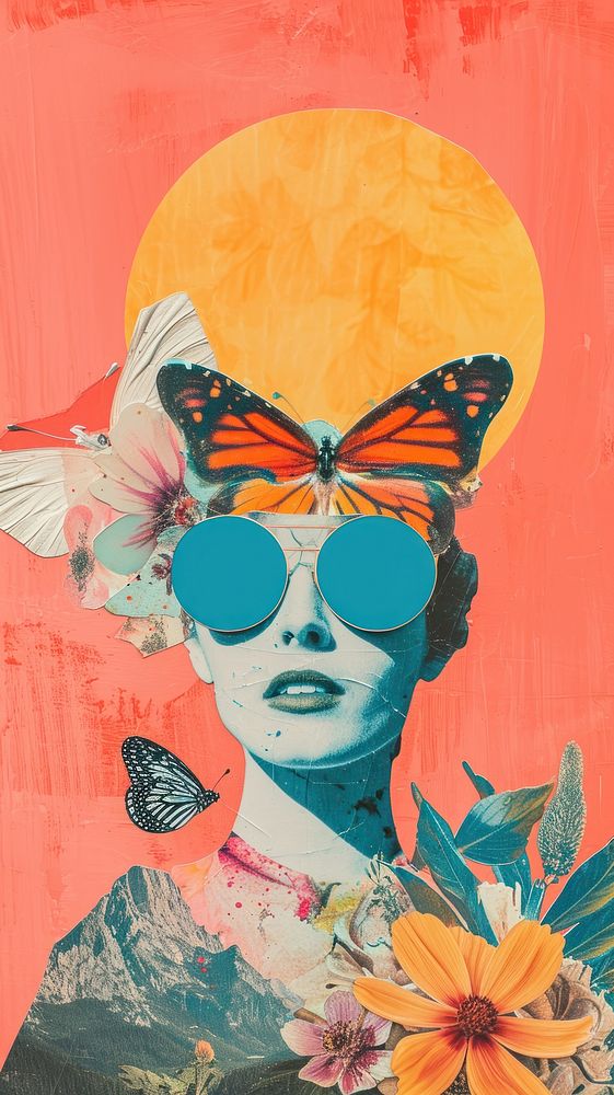 Dreamy Retro Collages whit butterfly art sunglasses painting.